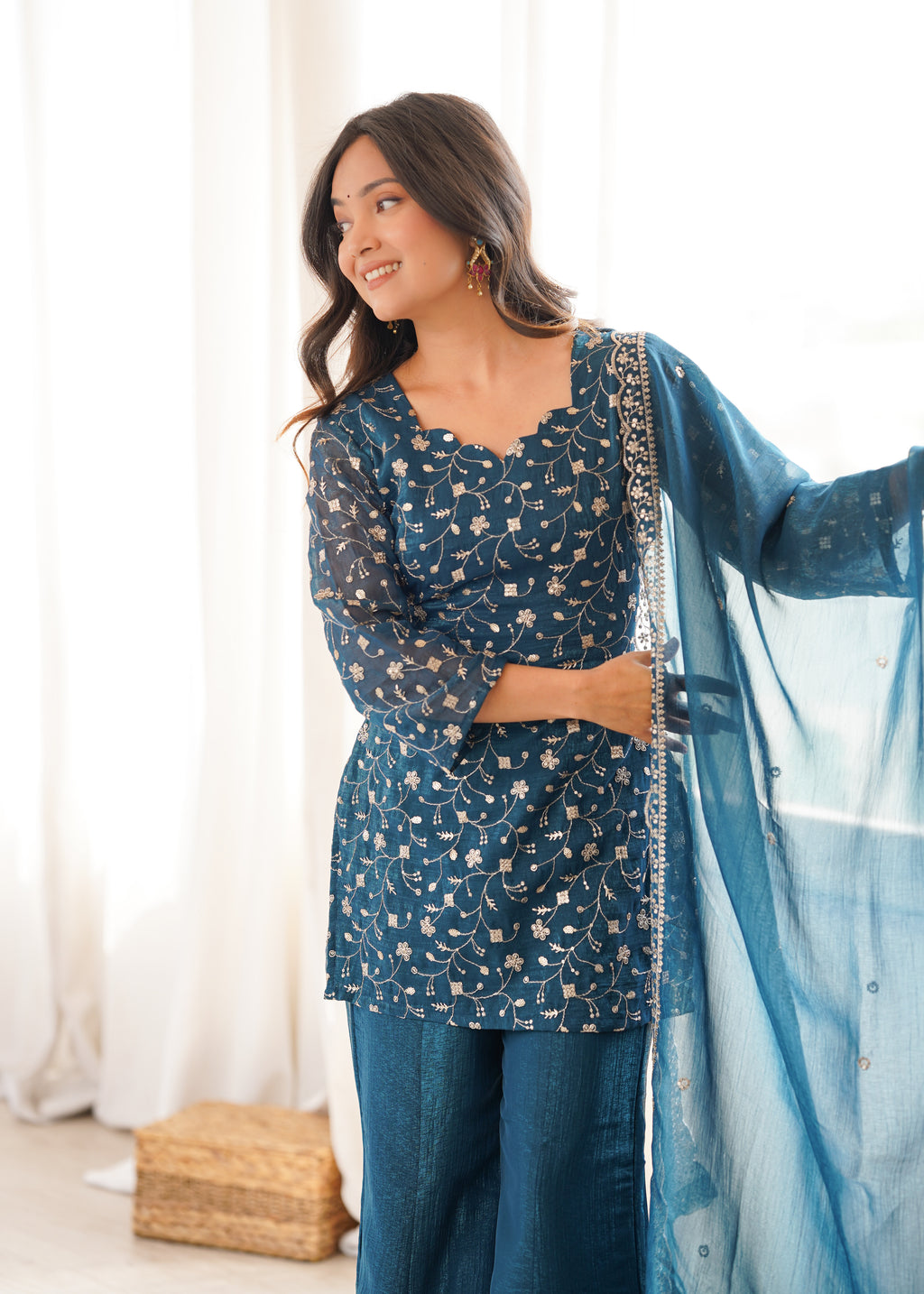 Tea Blue Crunchy Silk Fabric With Embroidery Sharara Set
