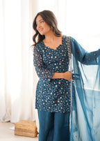 Tea Blue Crunchy Silk Fabric With Embroidery Sharara Set