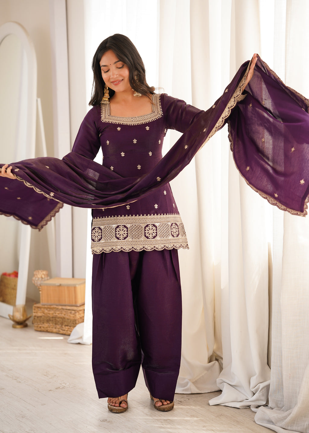 Purple Embroidery Sequence Dori And Jari Work Farsi Salwar Suit Set