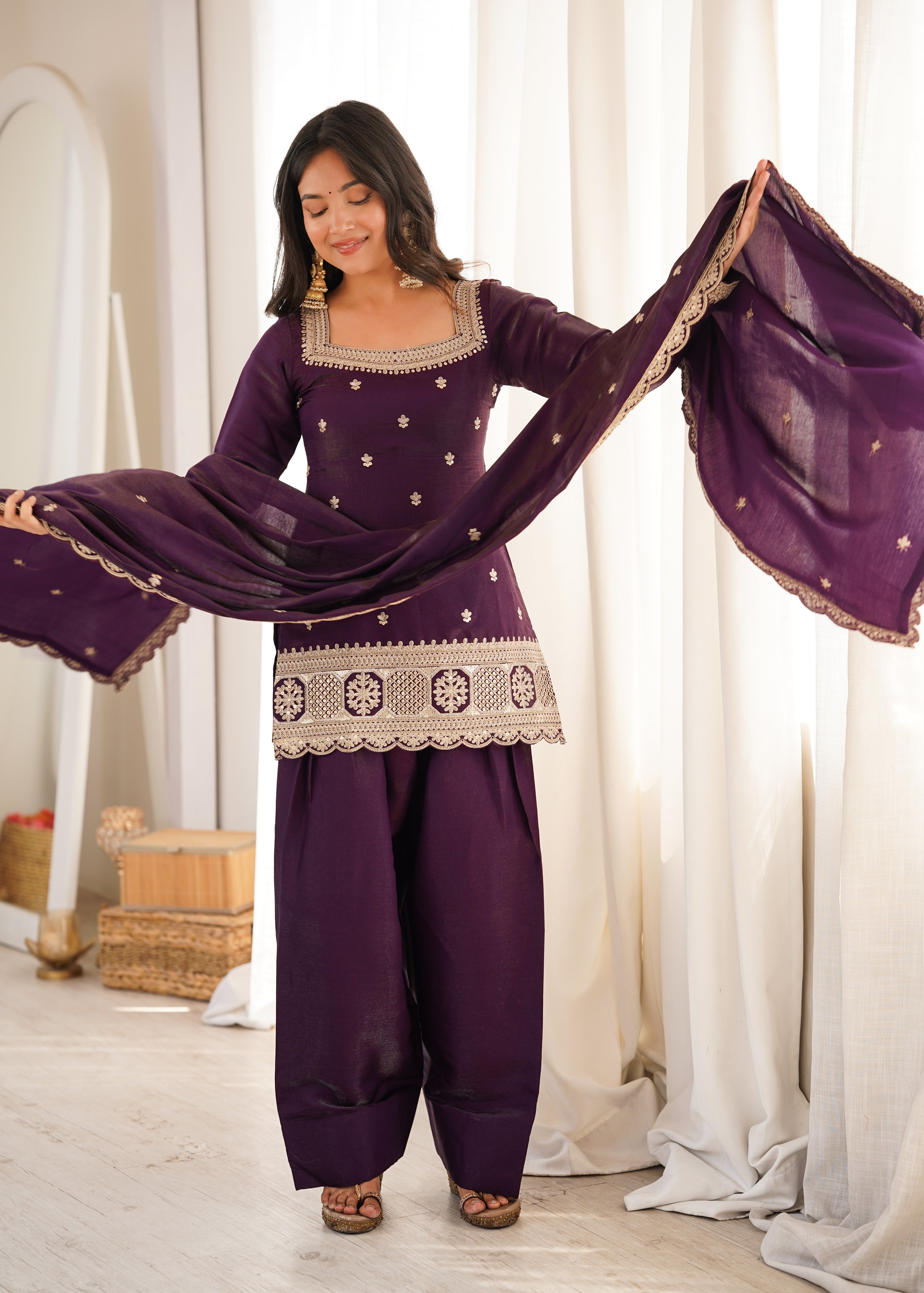 Purple Embroidery Sequence Dori And Jari Work Farsi Salwar Suit Set