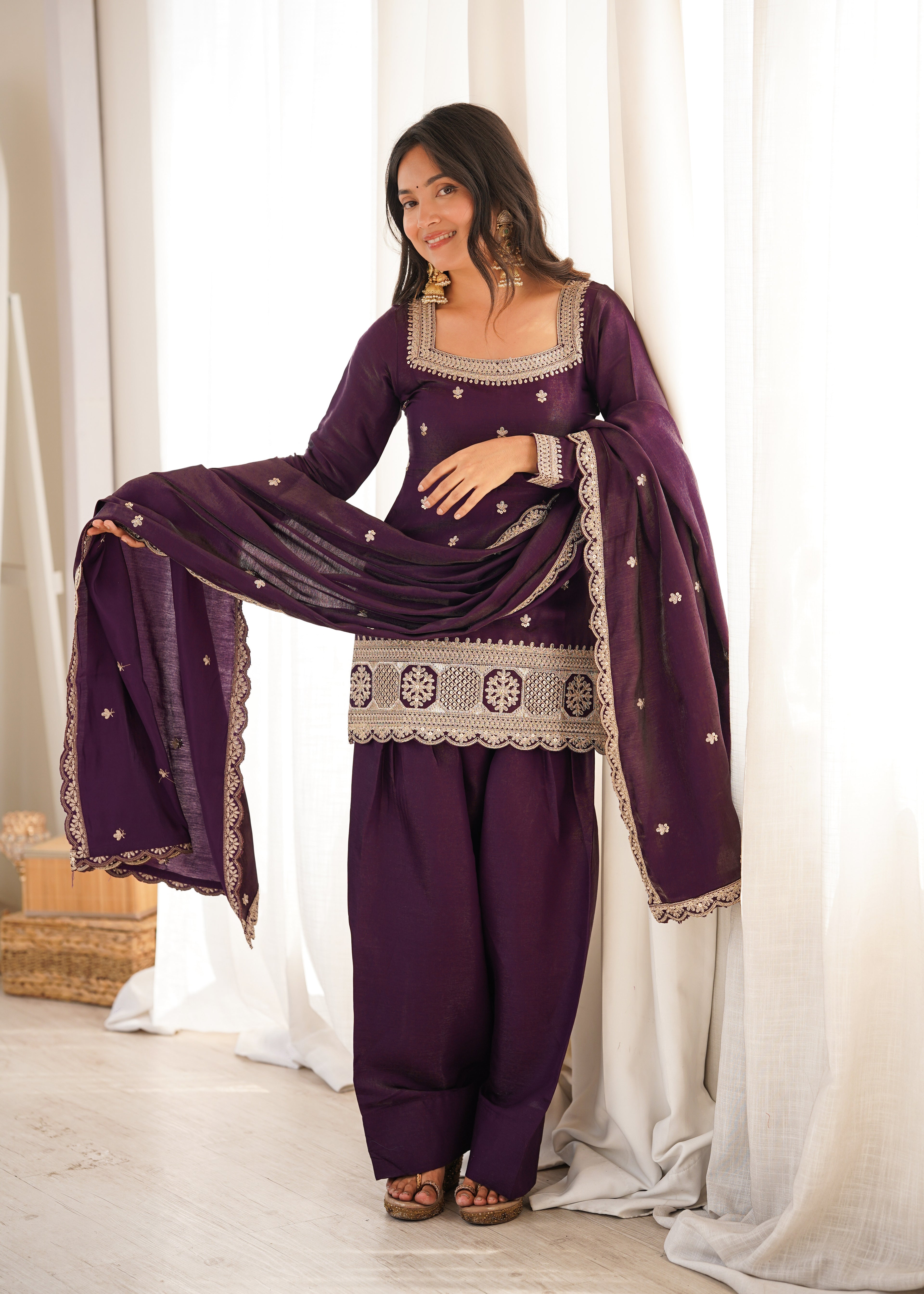 Purple Embroidery Sequence Dori And Jari Work Farsi Salwar Suit Set