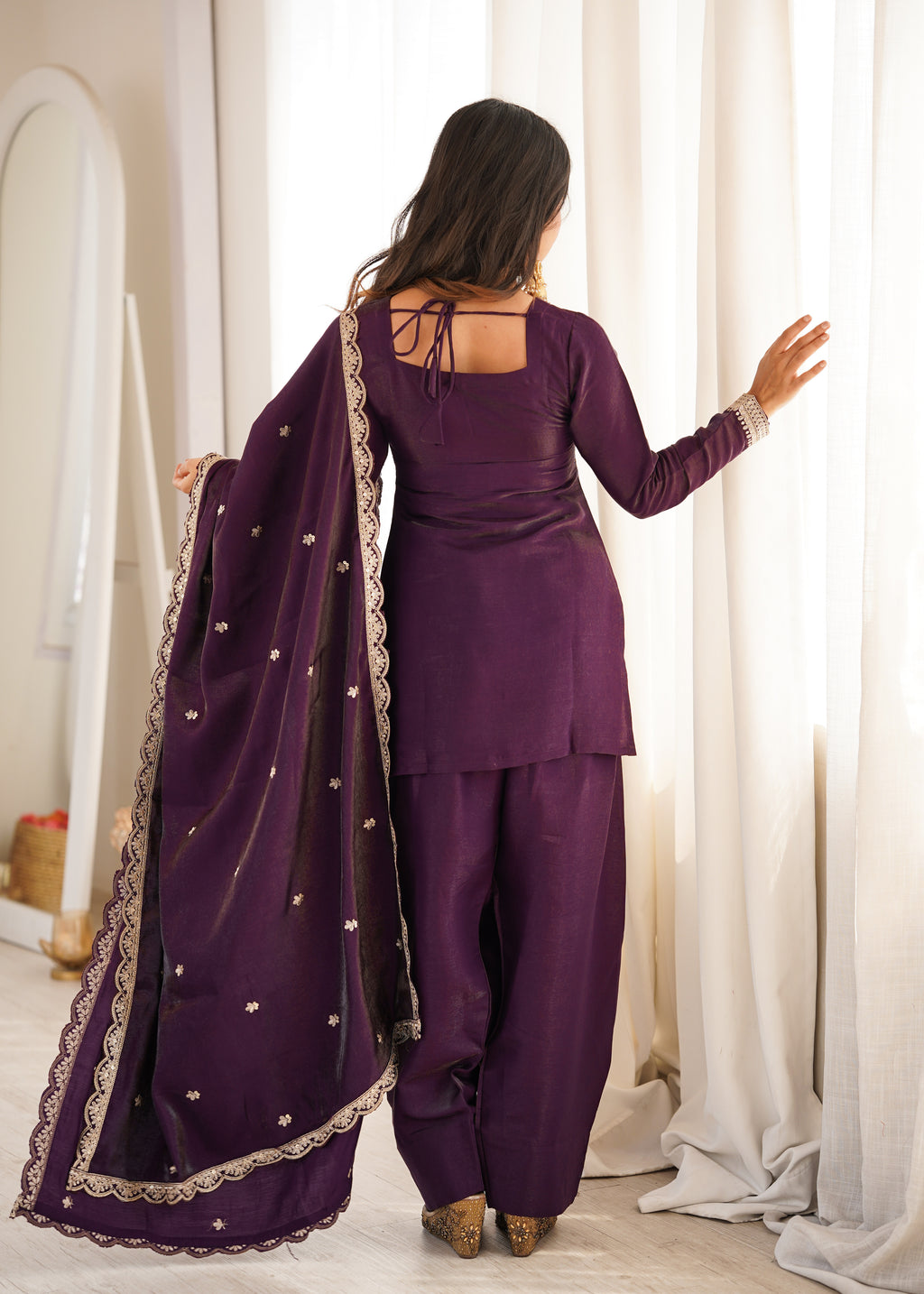 Purple Embroidery Sequence Dori And Jari Work Farsi Salwar Suit Set