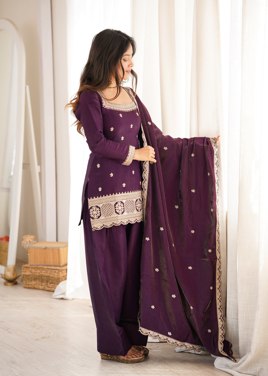 Purple Embroidery Sequence Dori And Jari Work Farsi Salwar Suit Set