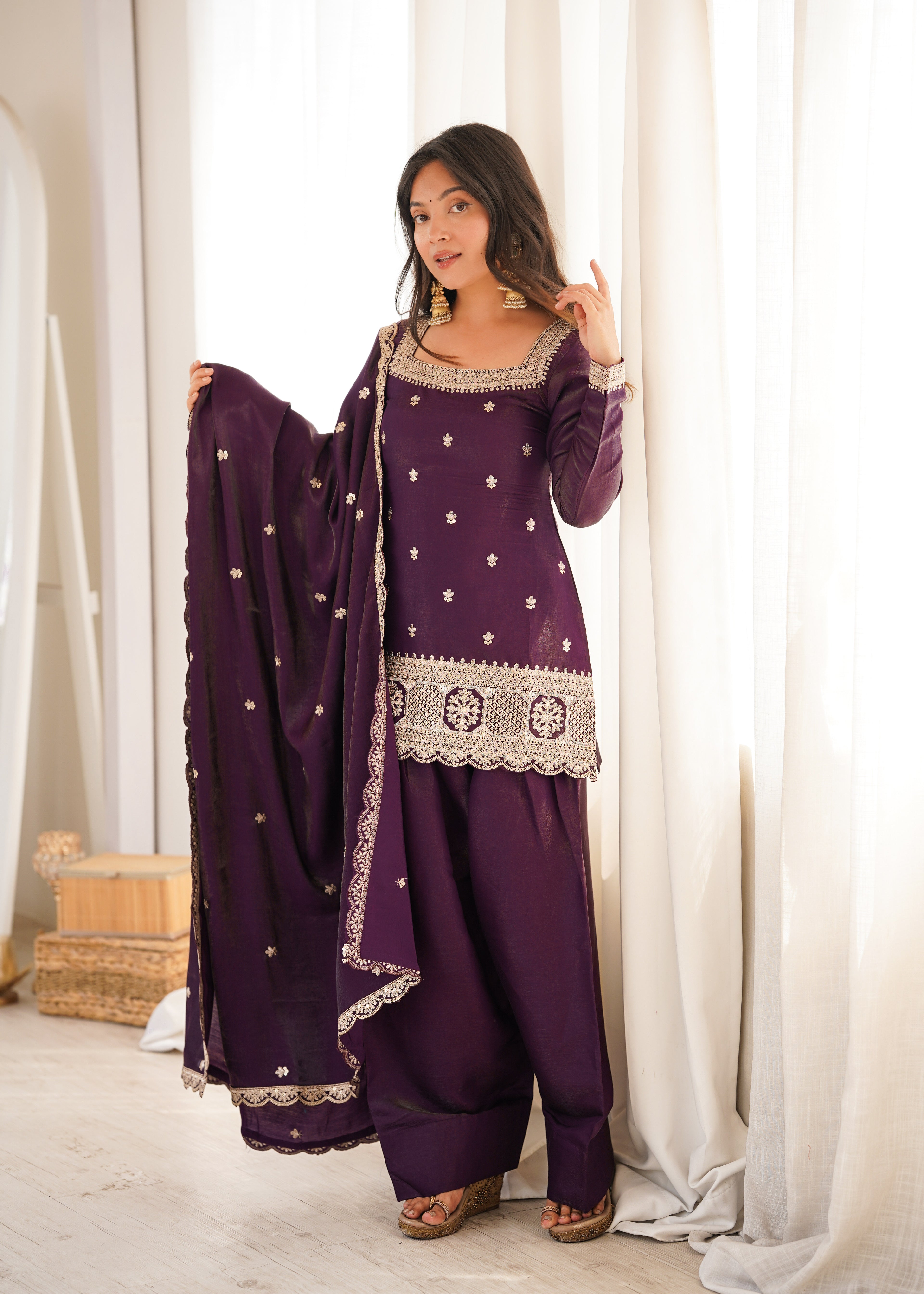 Purple Embroidery Sequence Dori And Jari Work Farsi Salwar Suit Set