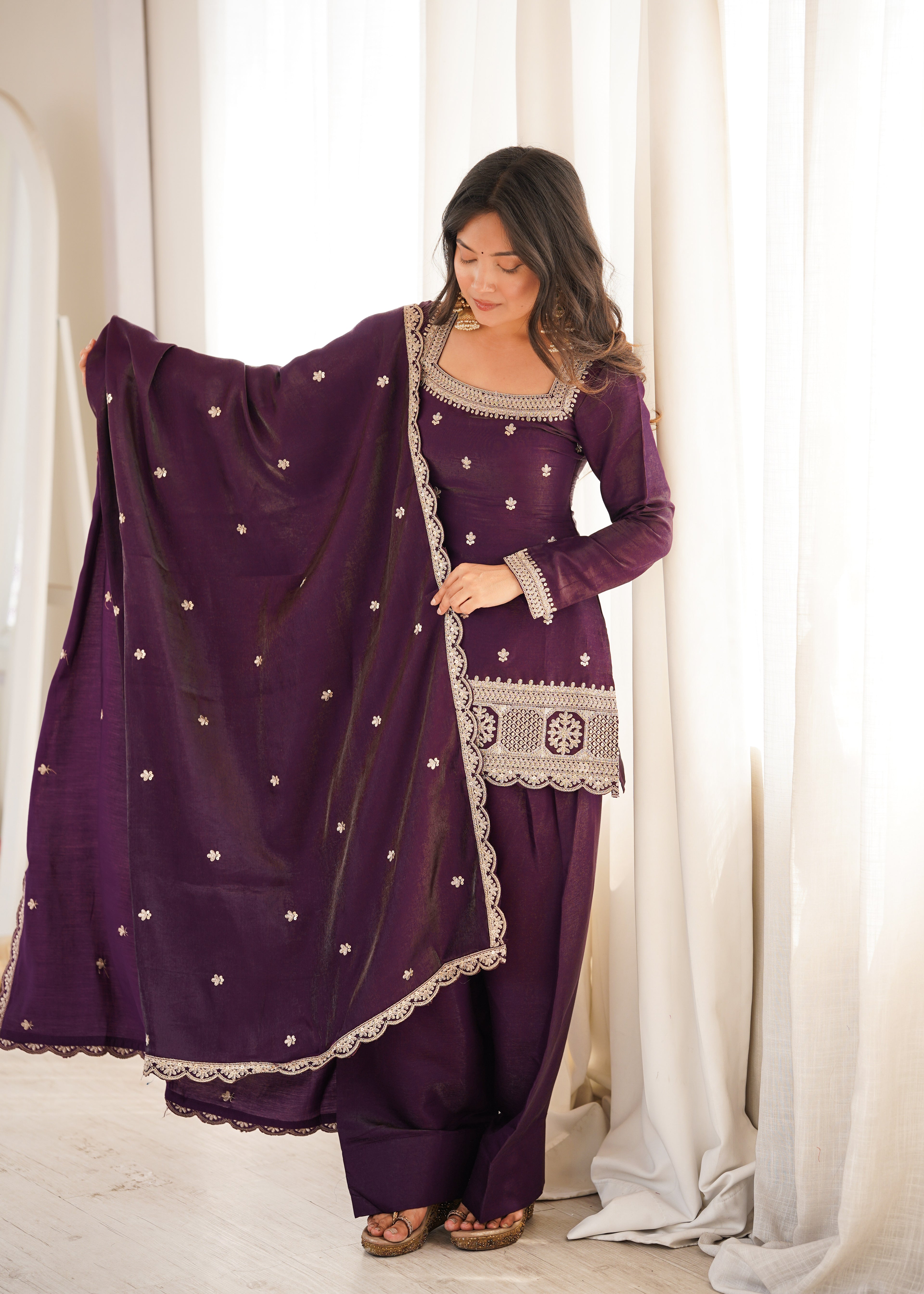 Purple Embroidery Sequence Dori And Jari Work Farsi Salwar Suit Set