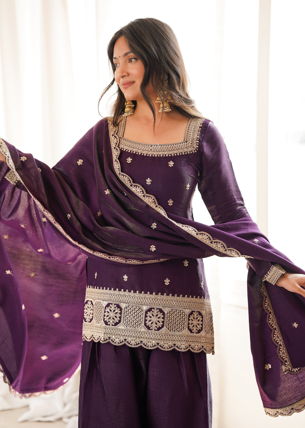 Purple Embroidery Sequence Dori And Jari Work Farsi Salwar Suit Set