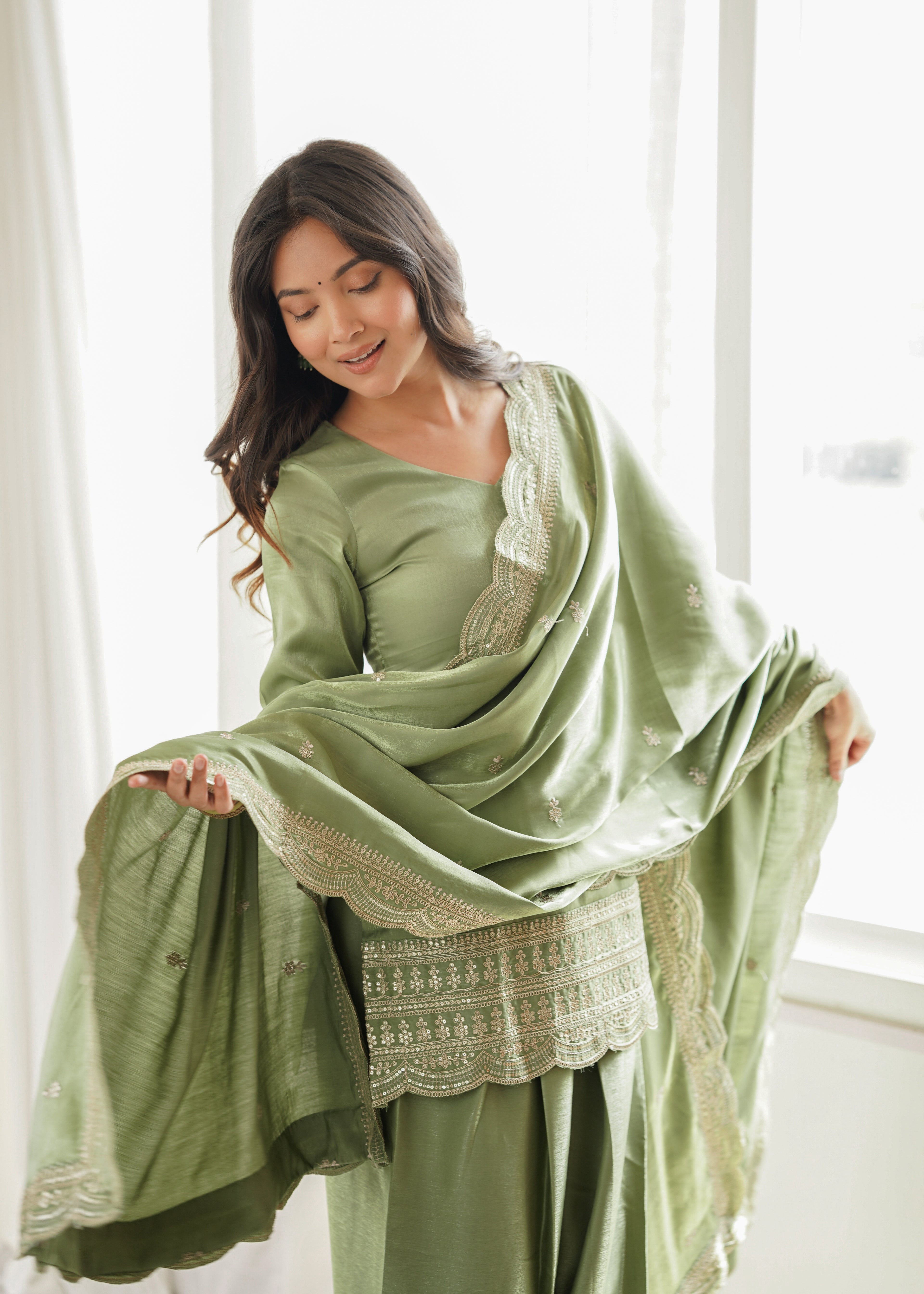 Bottle Green Roman Silk Farsi Suit Set