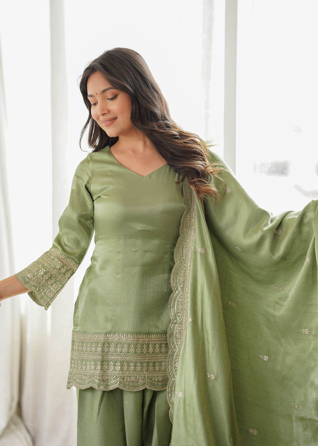 Bottle Green Roman Silk Farsi Suit Set