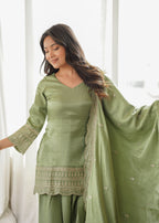 Bottle Green Roman Silk Farsi Suit Set