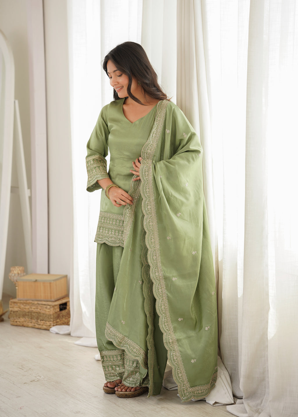Bottle Green Roman Silk Farsi Suit Set