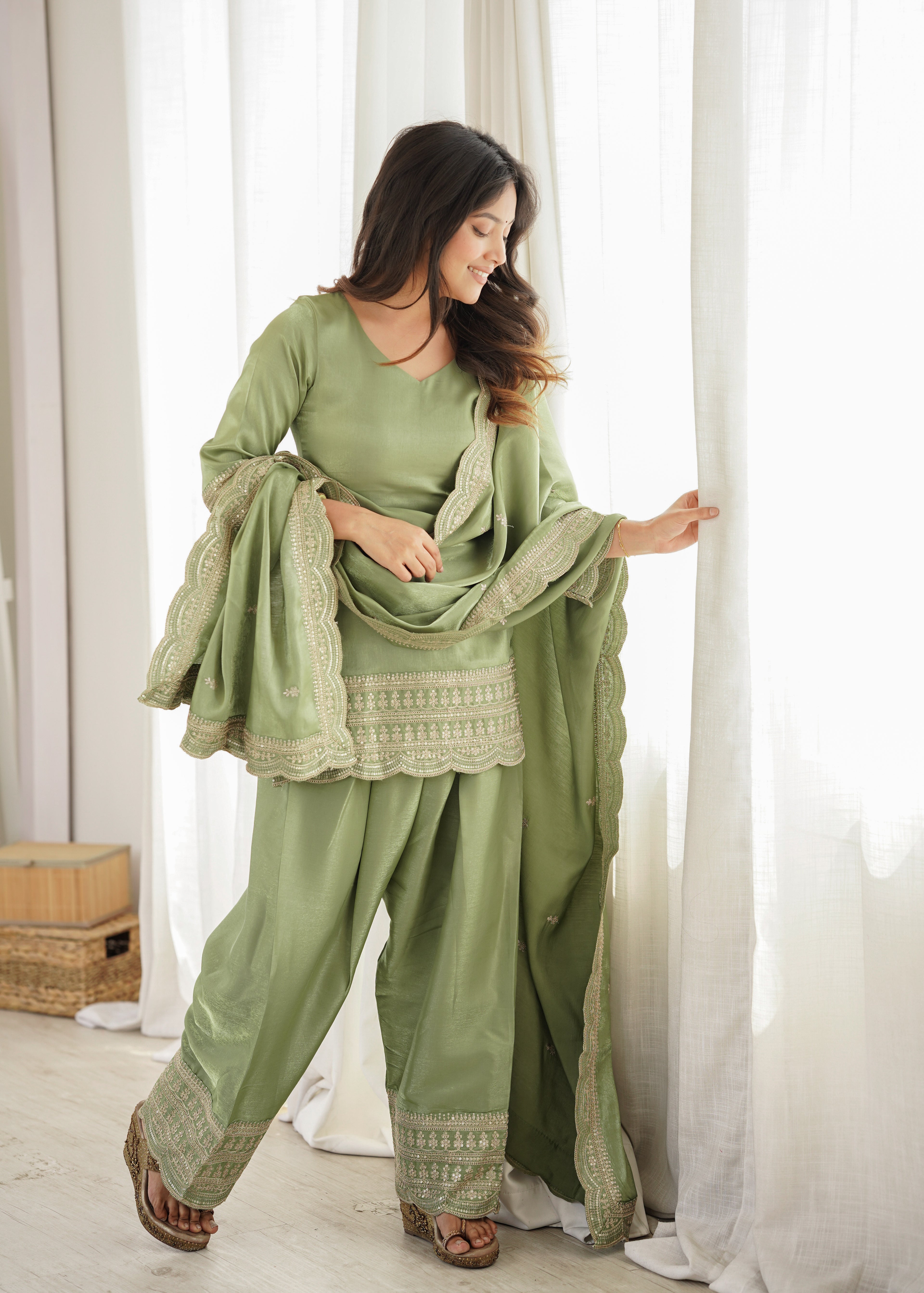 Bottle Green Roman Silk Farsi Suit Set