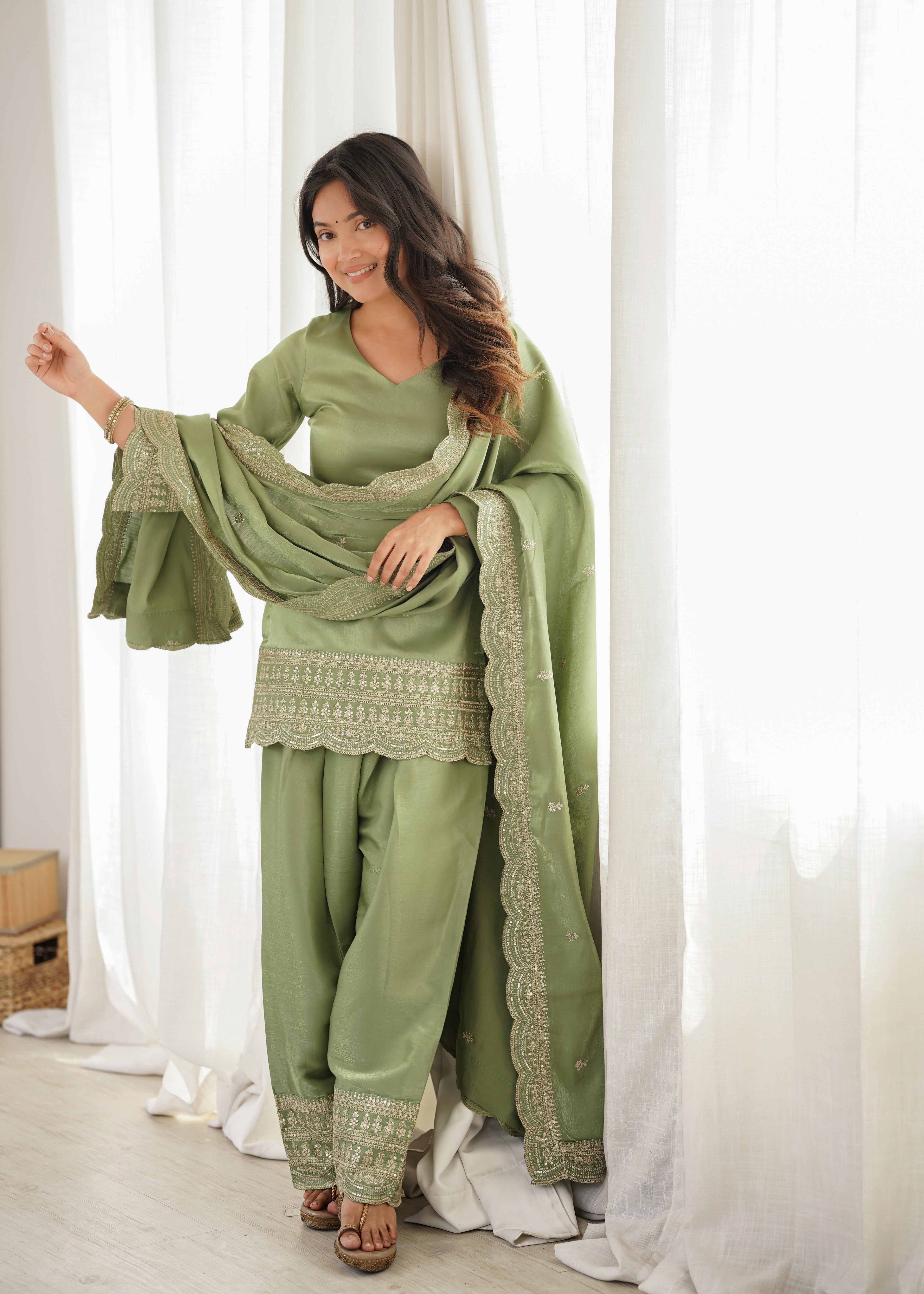 Bottle Green Roman Silk Farsi Suit Set