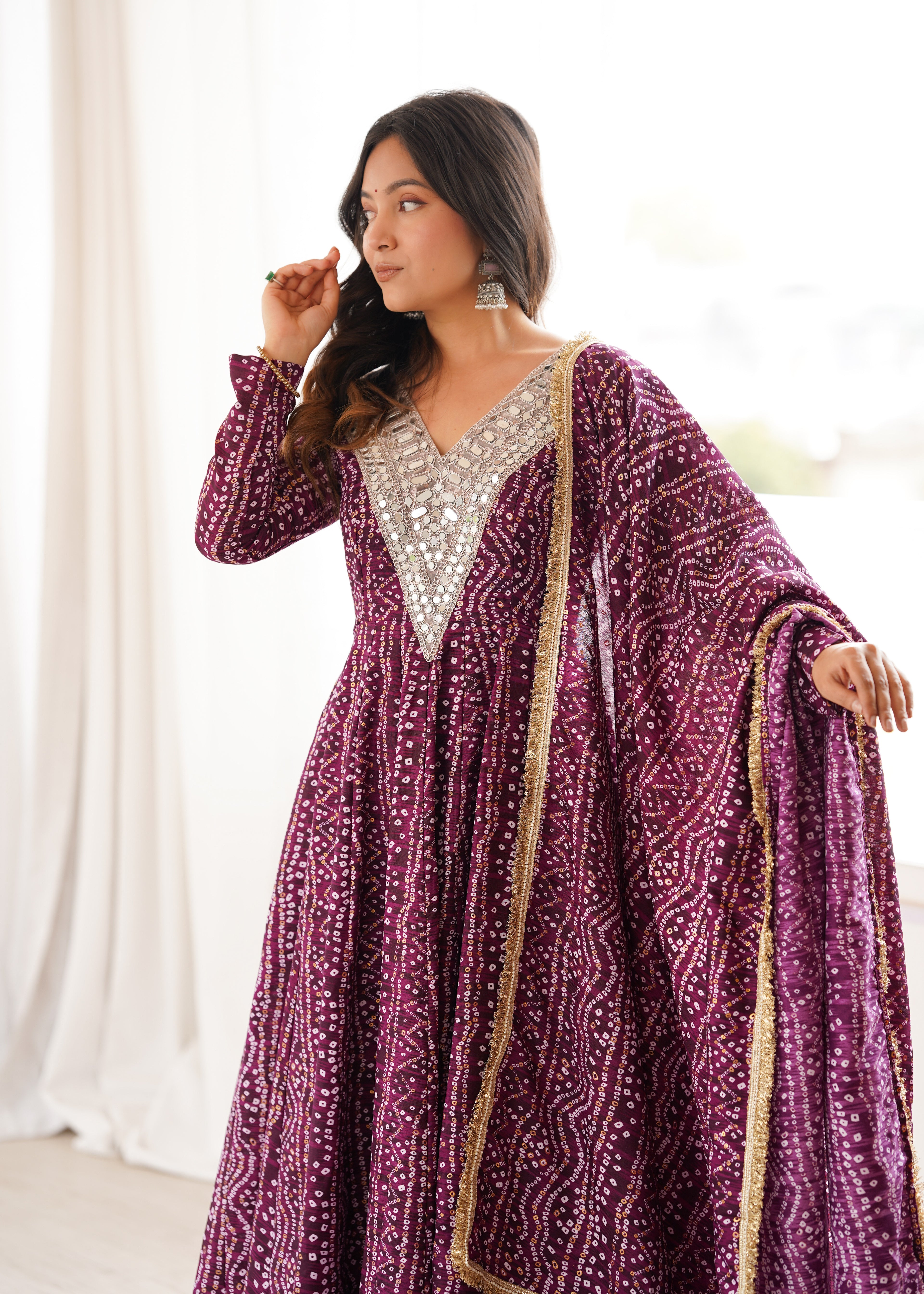 Purple Bandhani Real Mirror Work Suit Set