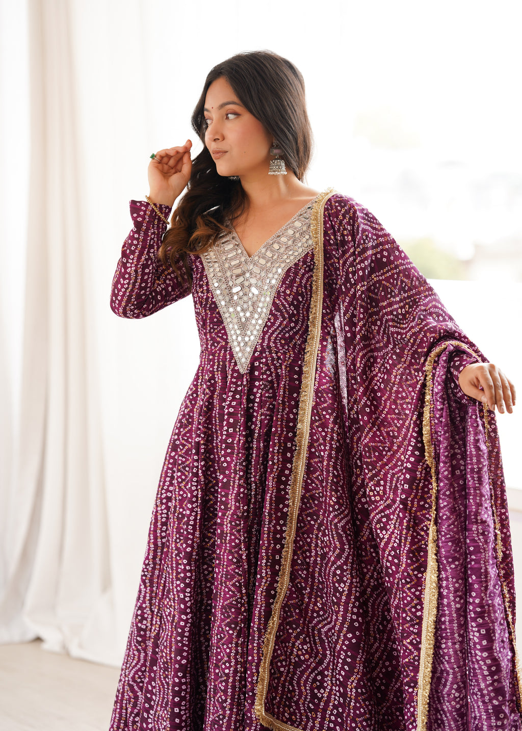 Purple Bandhani Real Mirror Work Suit Set