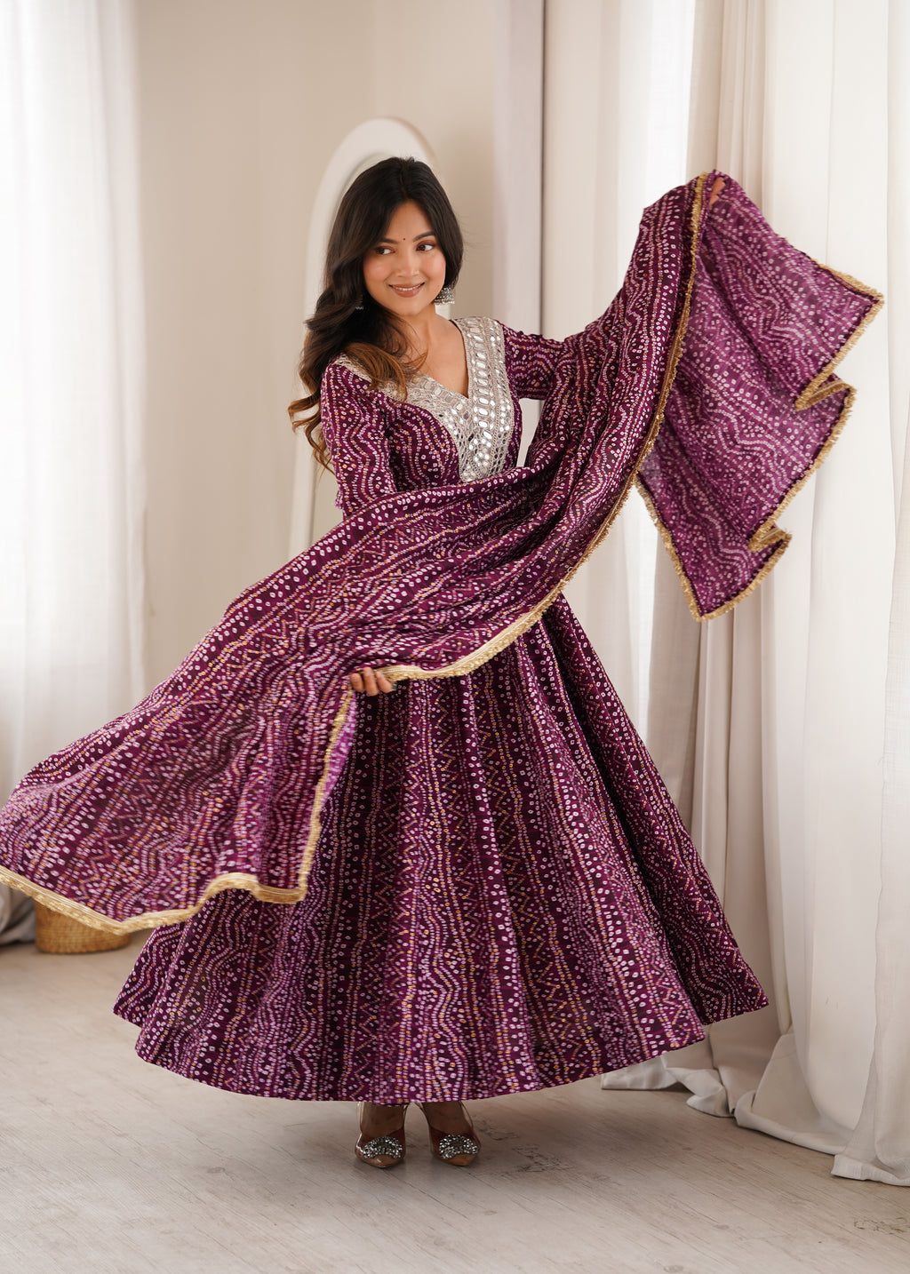 Purple Bandhani Real Mirror Work Suit Set
