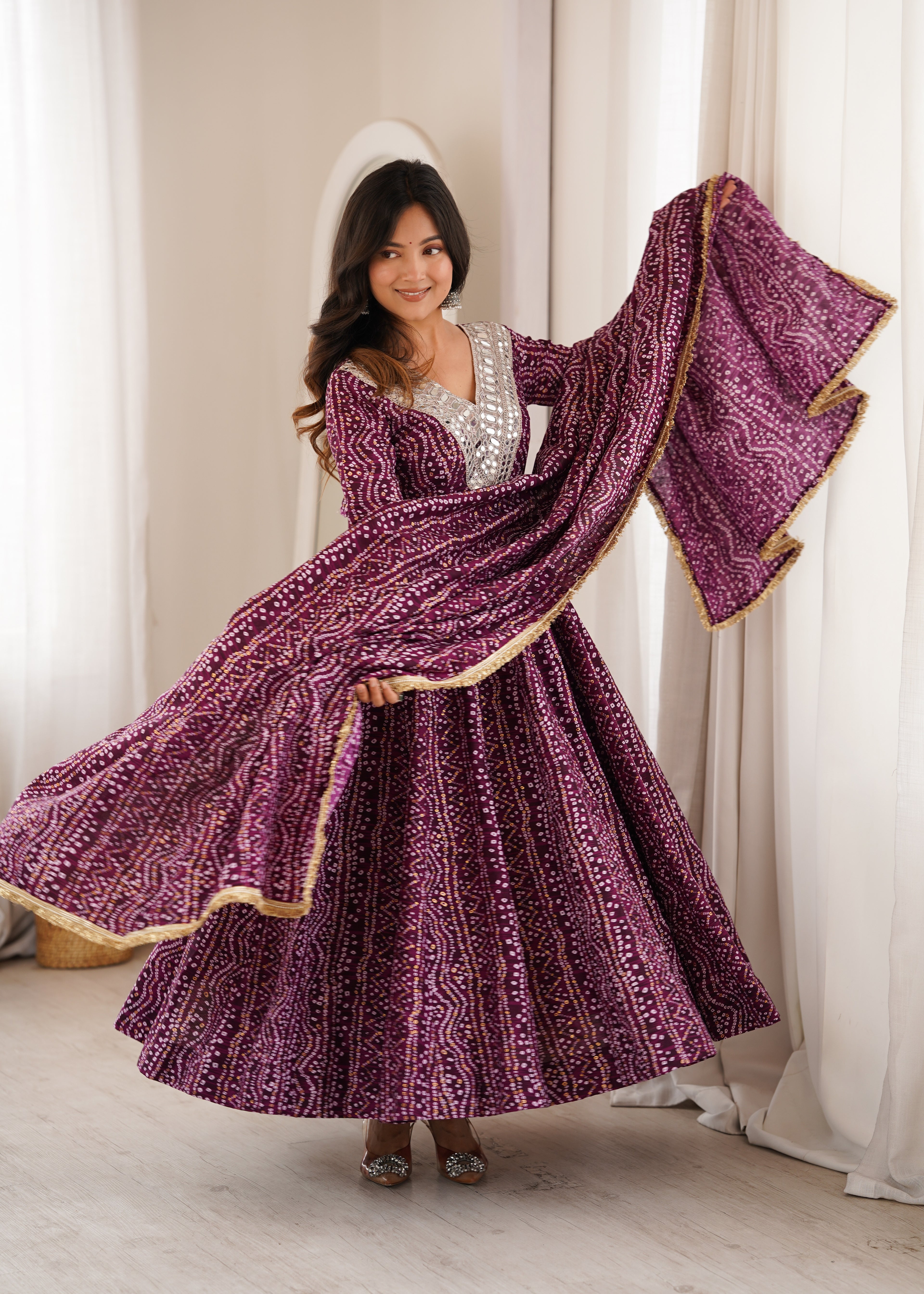 Purple Bandhani Real Mirror Work Suit Set