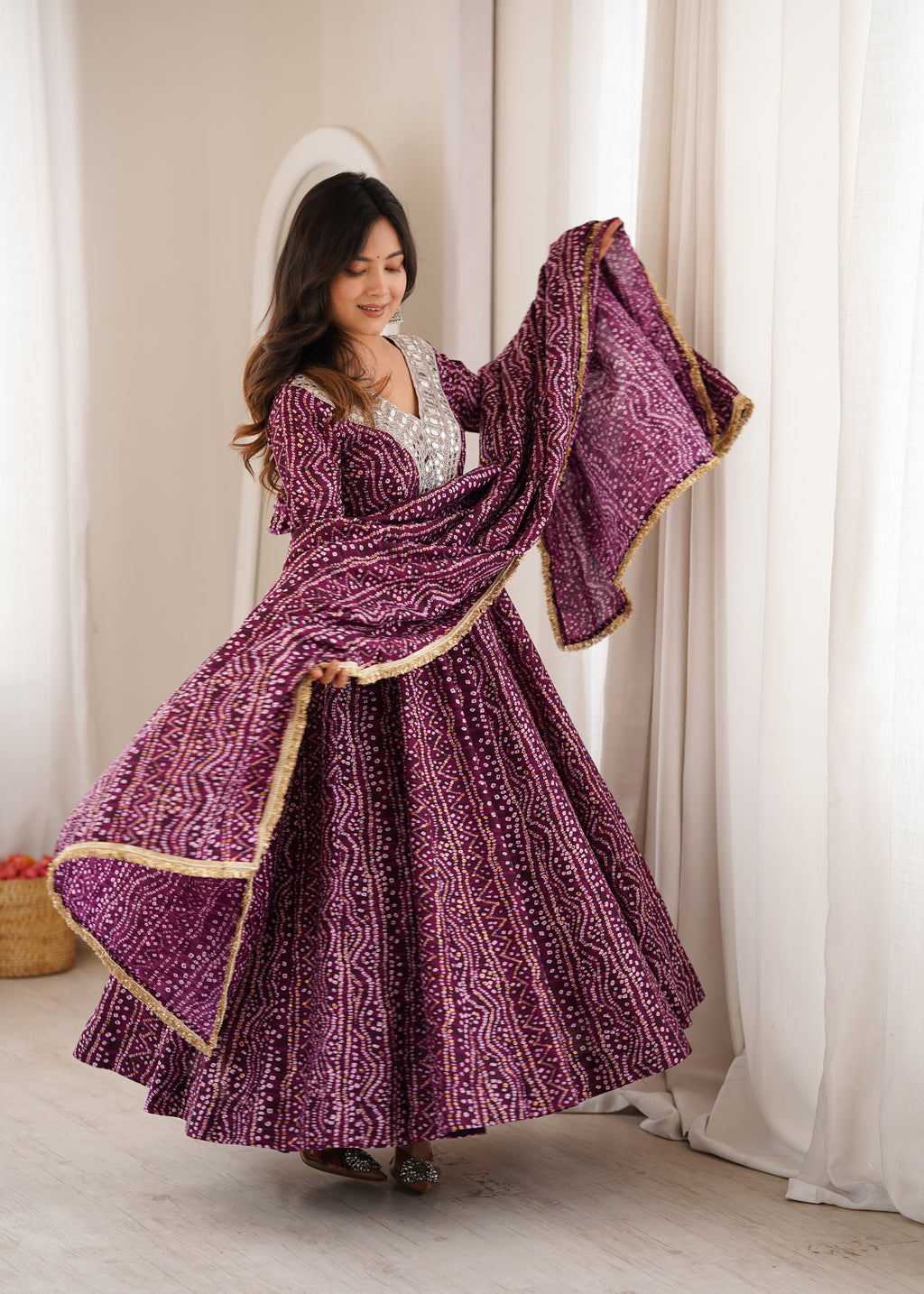 Purple Bandhani Real Mirror Work Suit Set