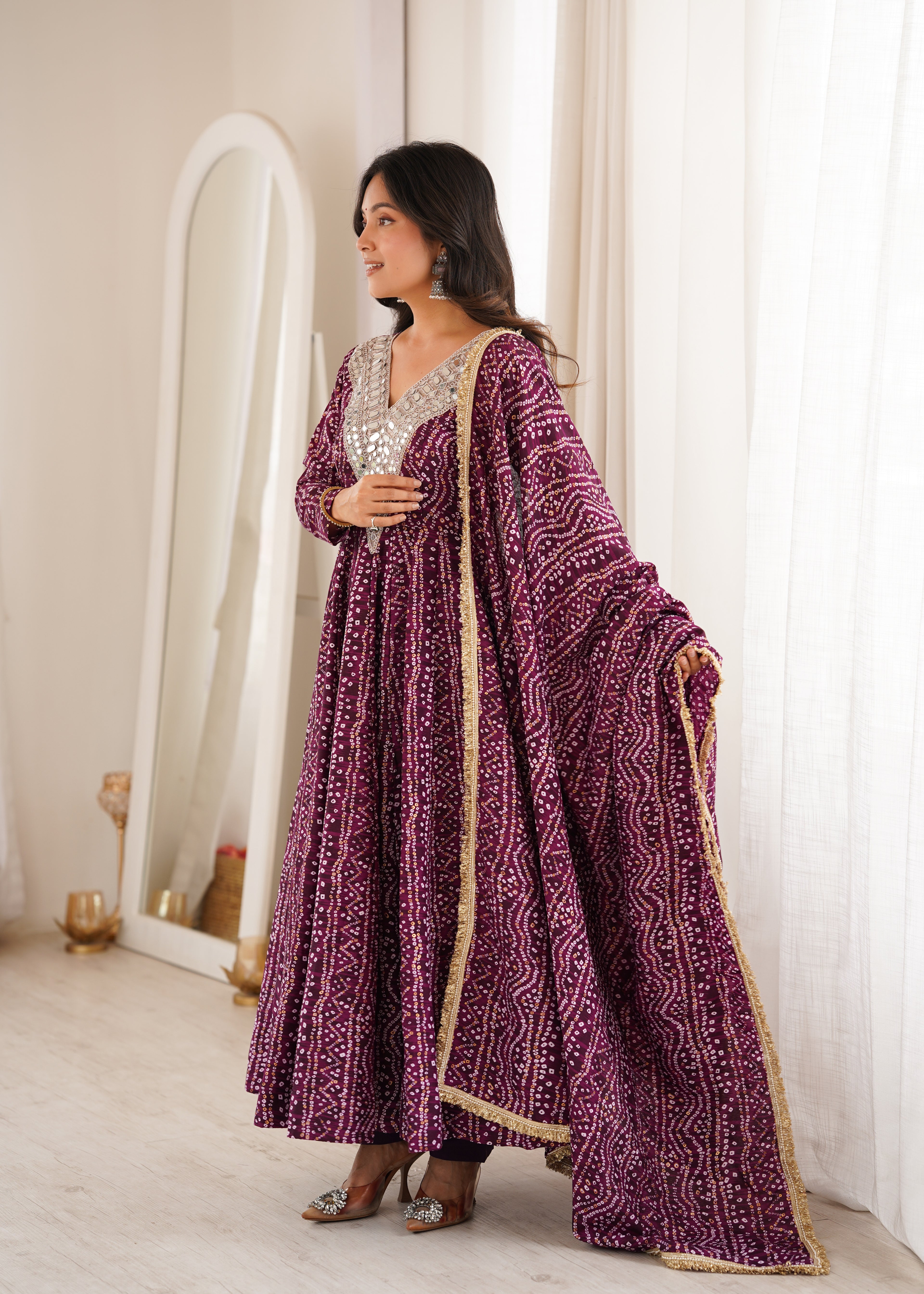 Purple Bandhani Real Mirror Work Suit Set