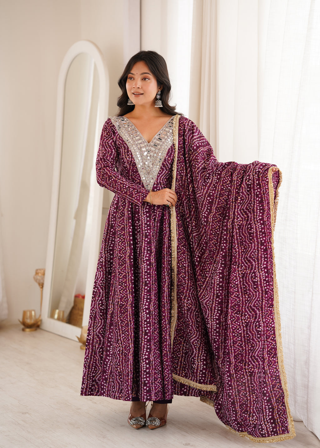 Purple Bandhani Real Mirror Work Suit Set