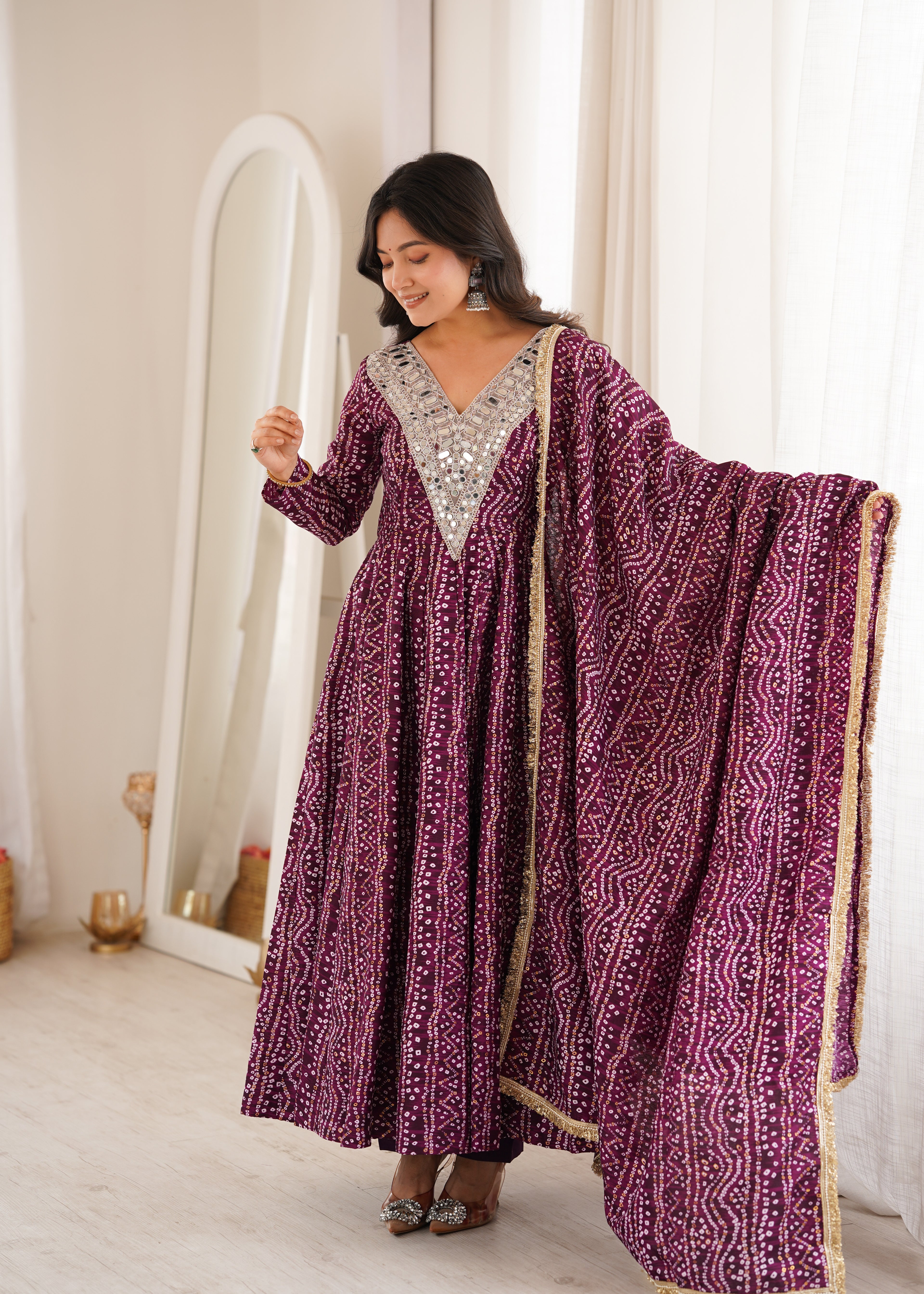 Purple Bandhani Real Mirror Work Suit Set