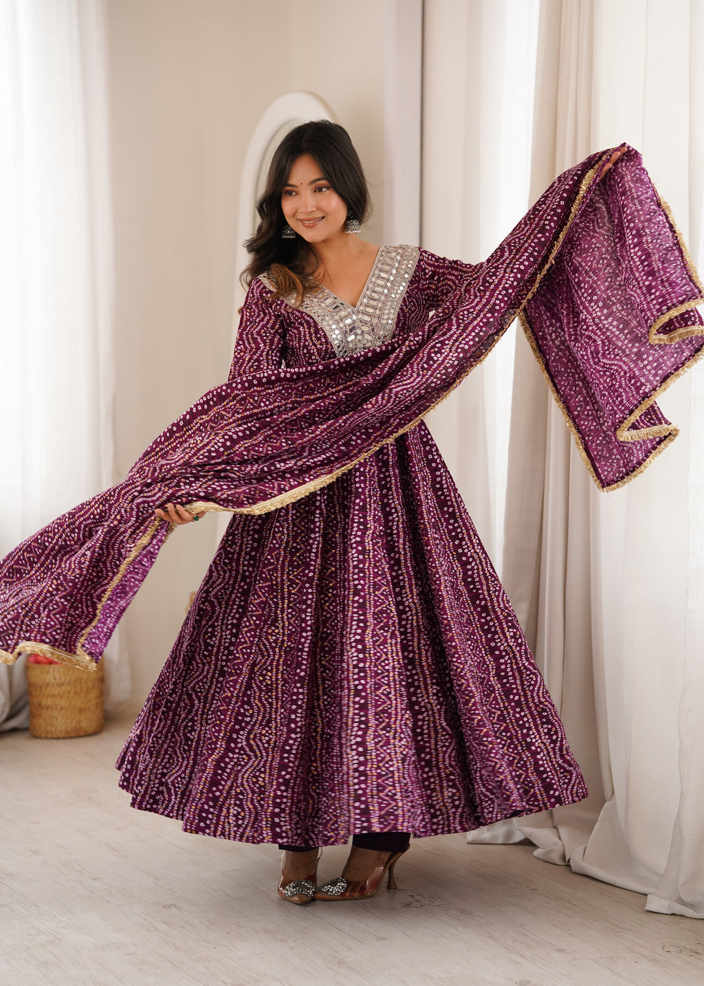Purple Bandhani Real Mirror Work Suit Set