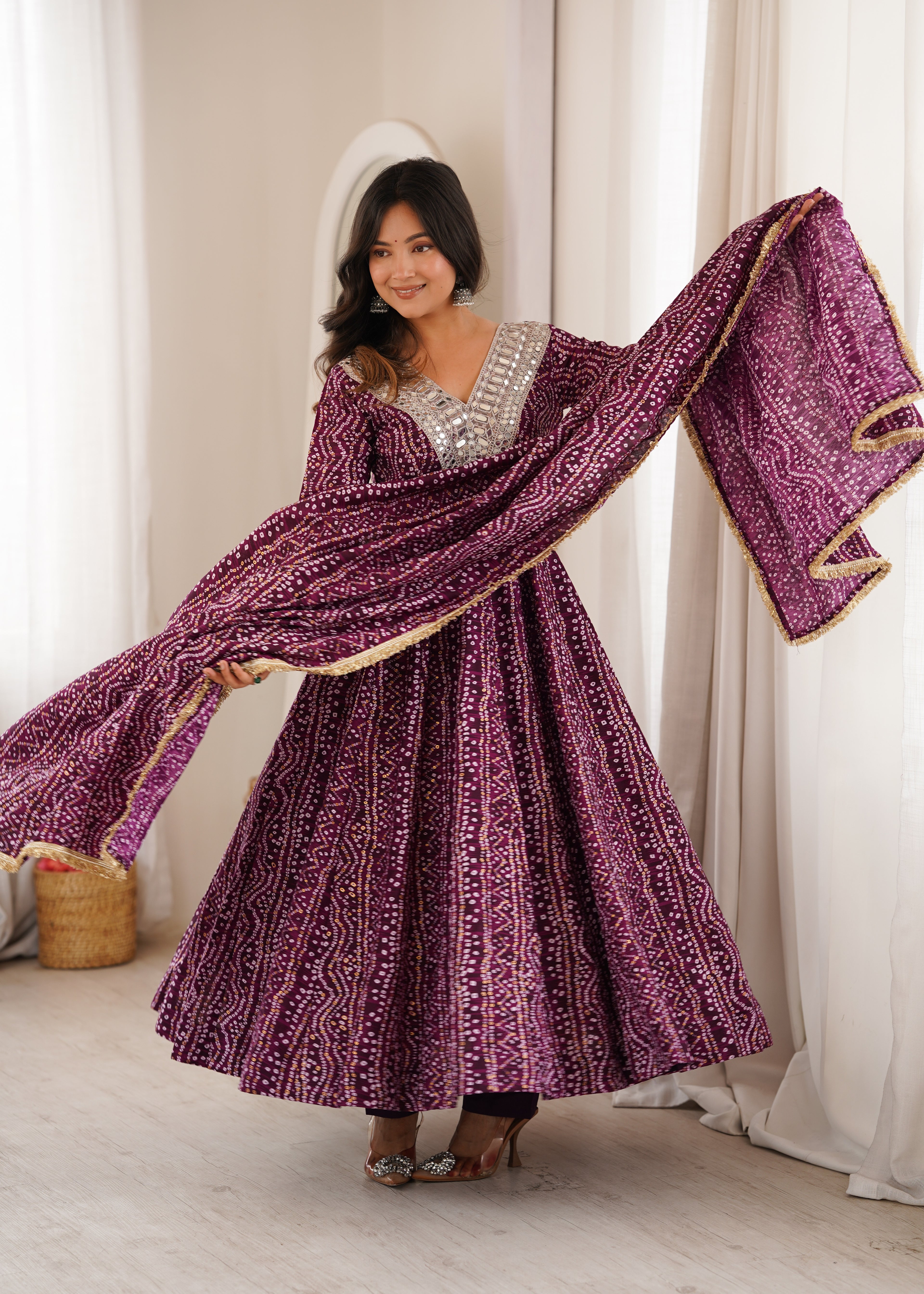 Purple Bandhani Real Mirror Work Suit Set