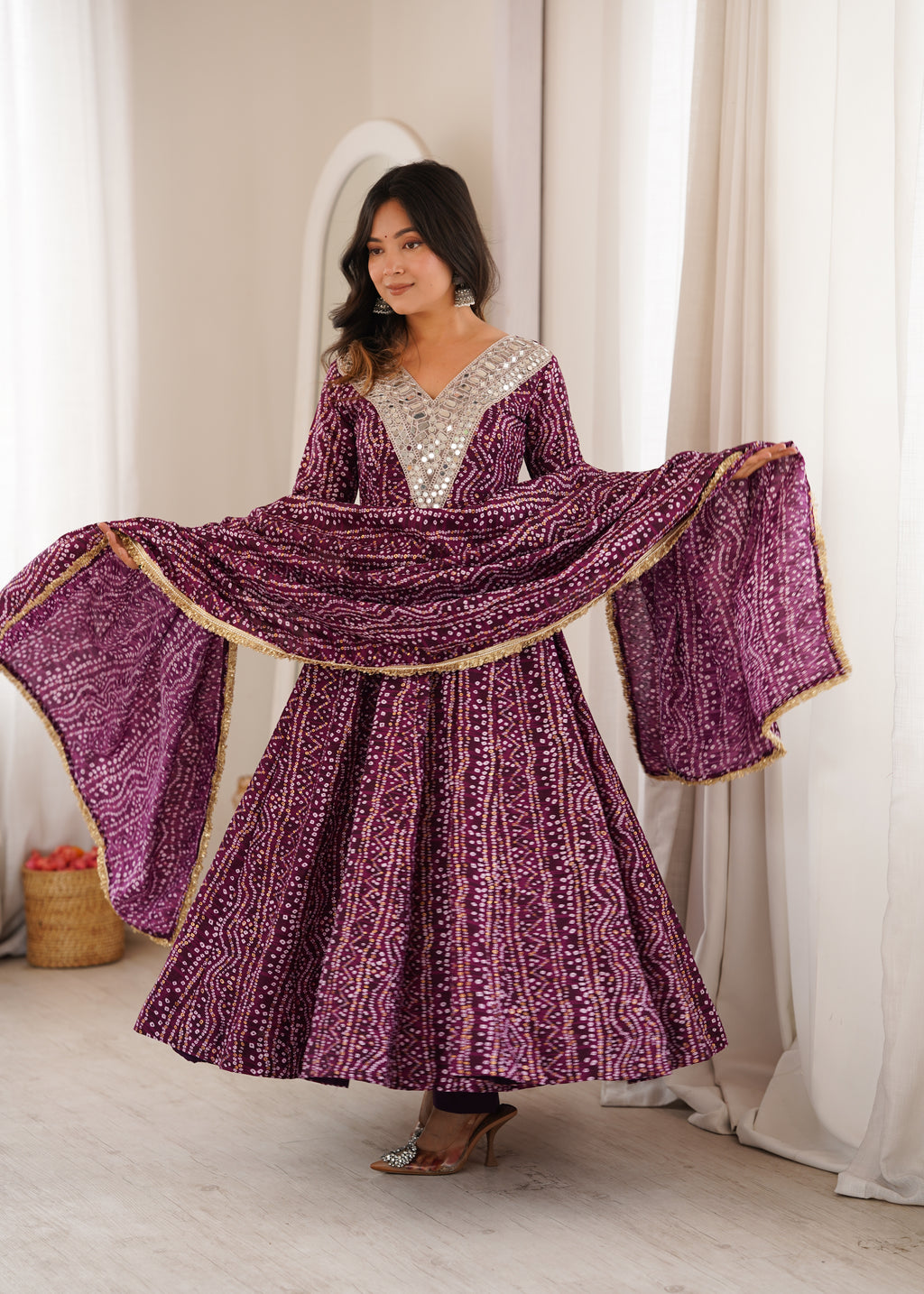Purple Bandhani Real Mirror Work Suit Set