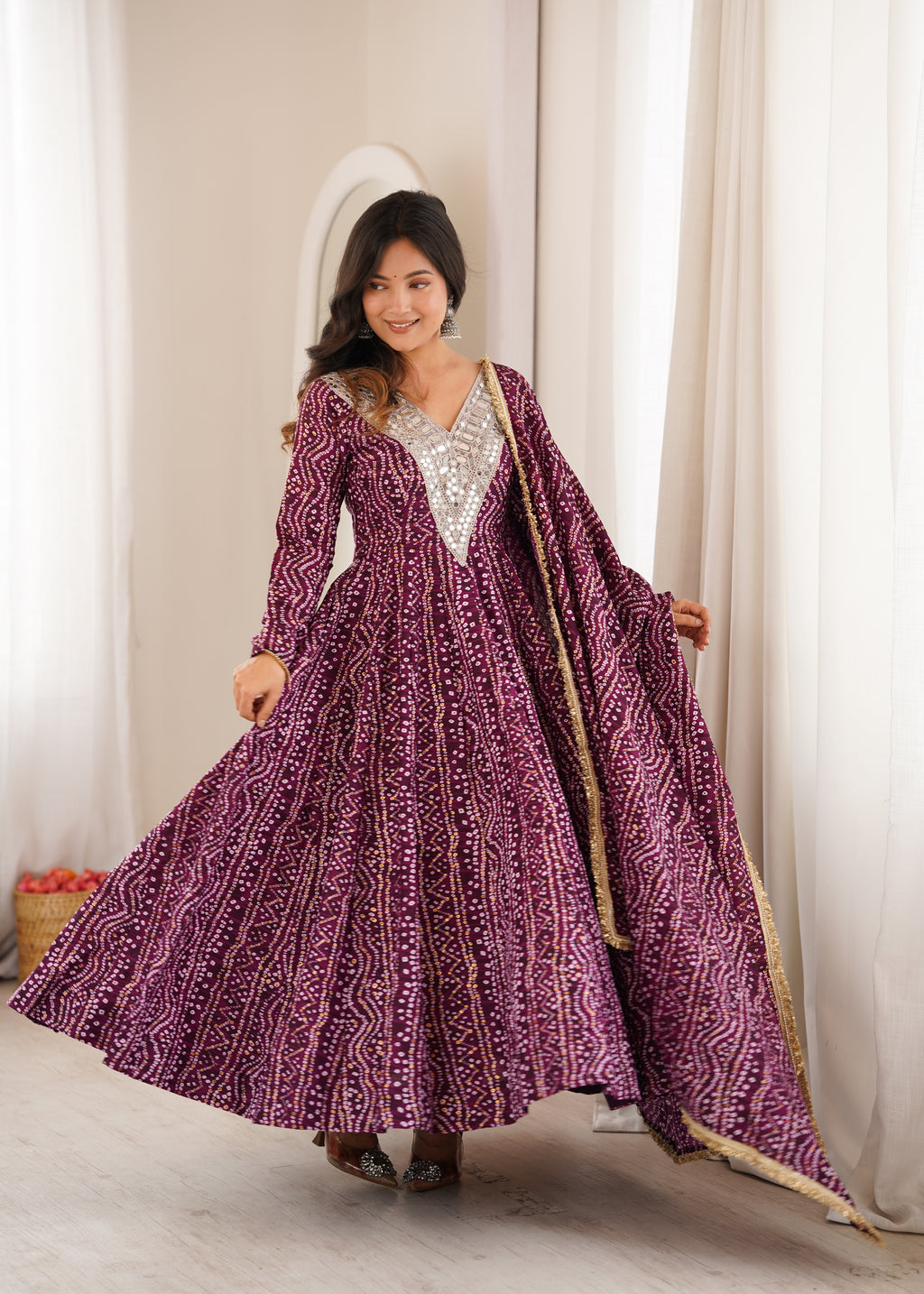 Purple Bandhani Real Mirror Work Suit Set