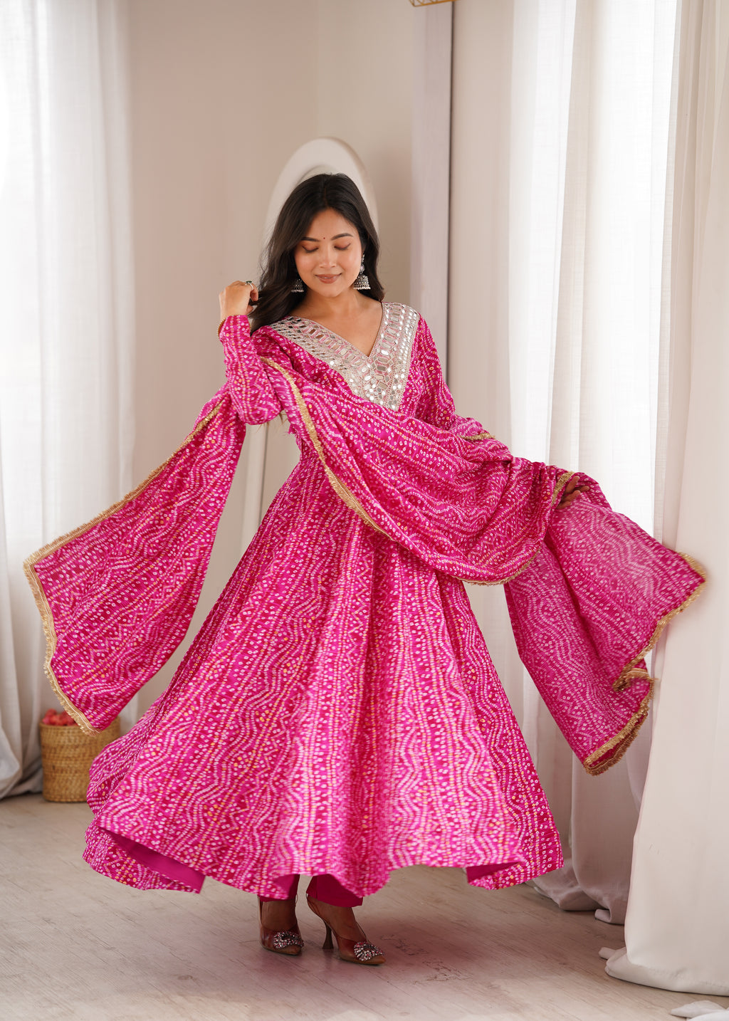 Pink Bandhani Real Mirror Work Suit Set