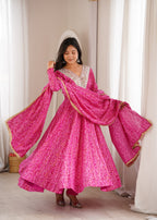 Pink Bandhani Real Mirror Work Suit Set
