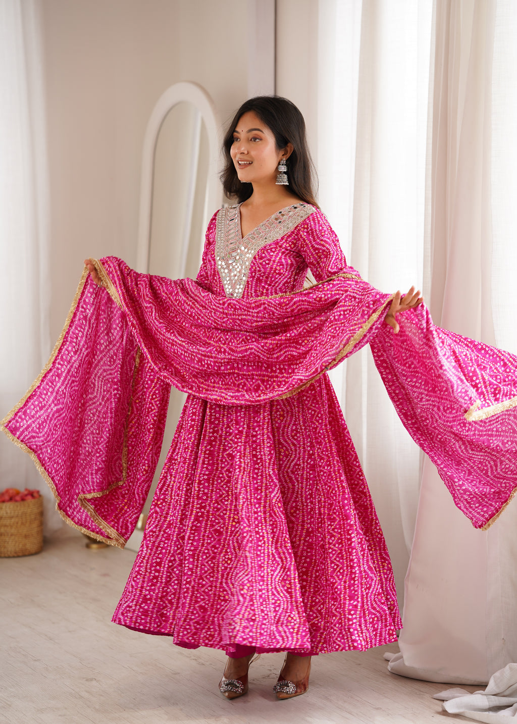 Pink Bandhani Real Mirror Work Suit Set