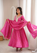Pink Bandhani Real Mirror Work Suit Set
