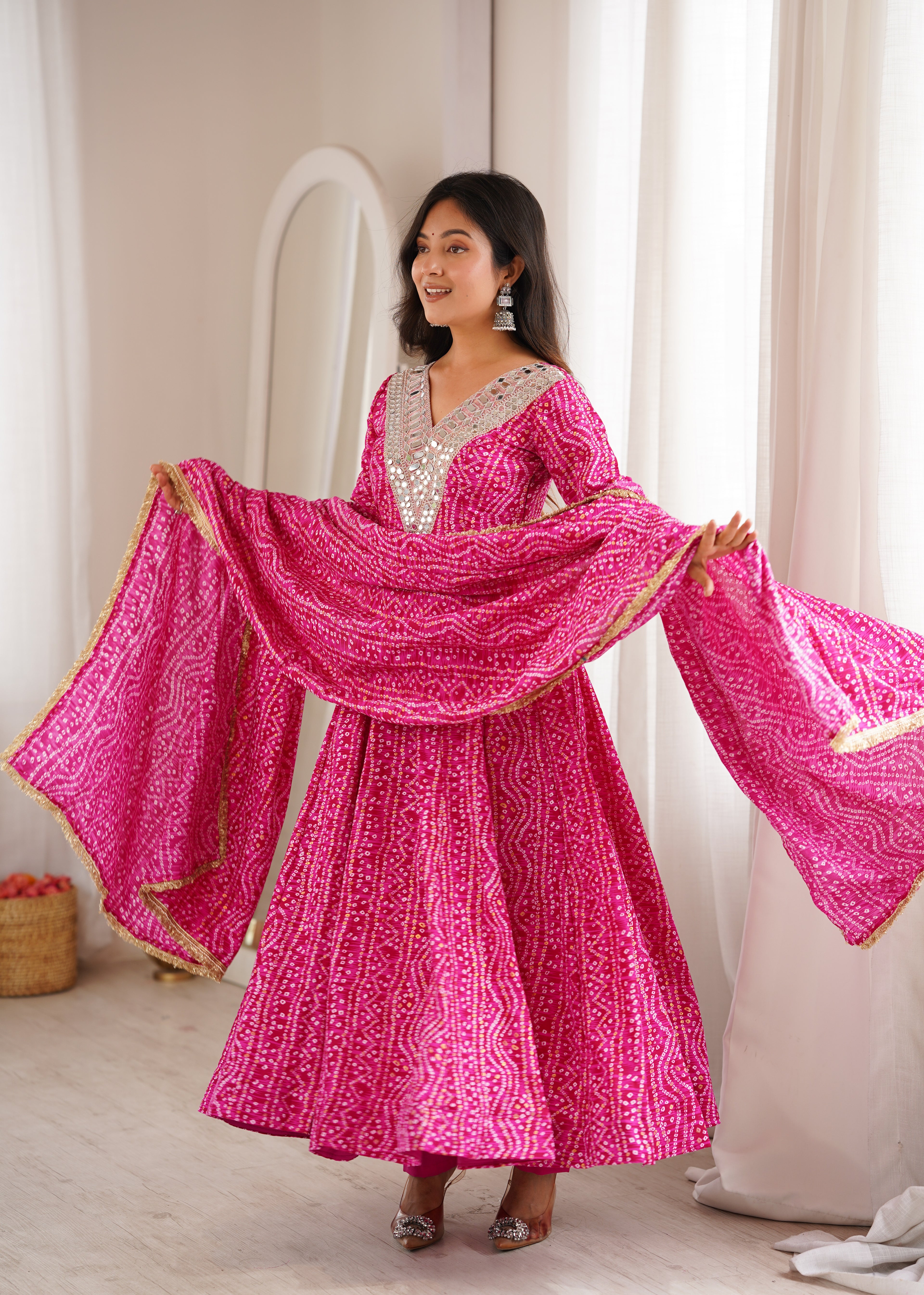 Pink Bandhani Real Mirror Work Suit Set