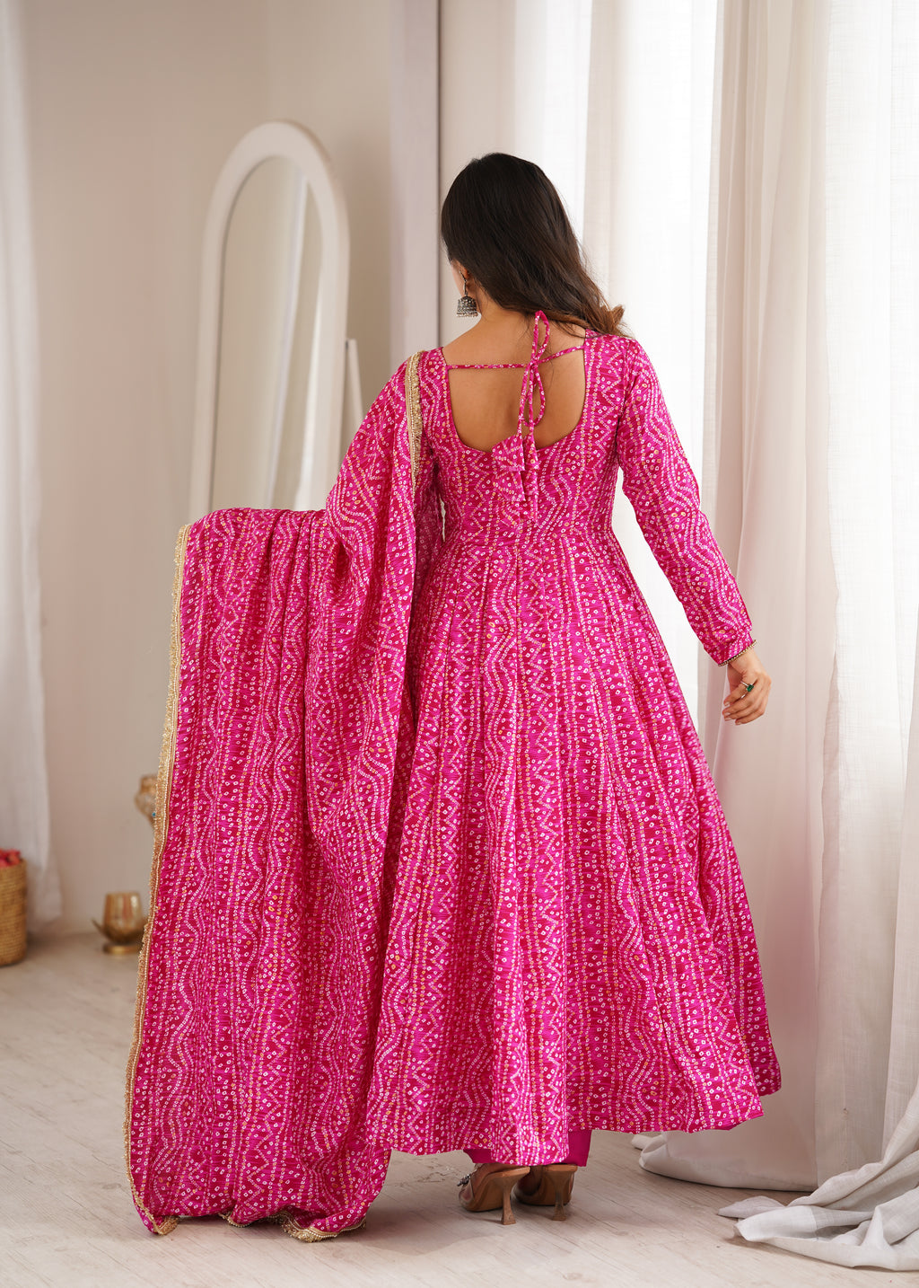 Pink Bandhani Real Mirror Work Suit Set