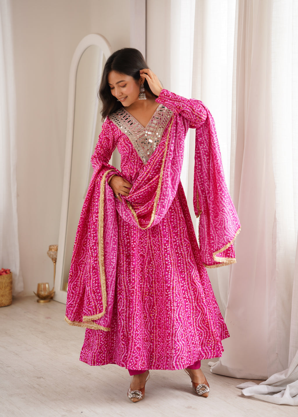 Pink Bandhani Real Mirror Work Suit Set