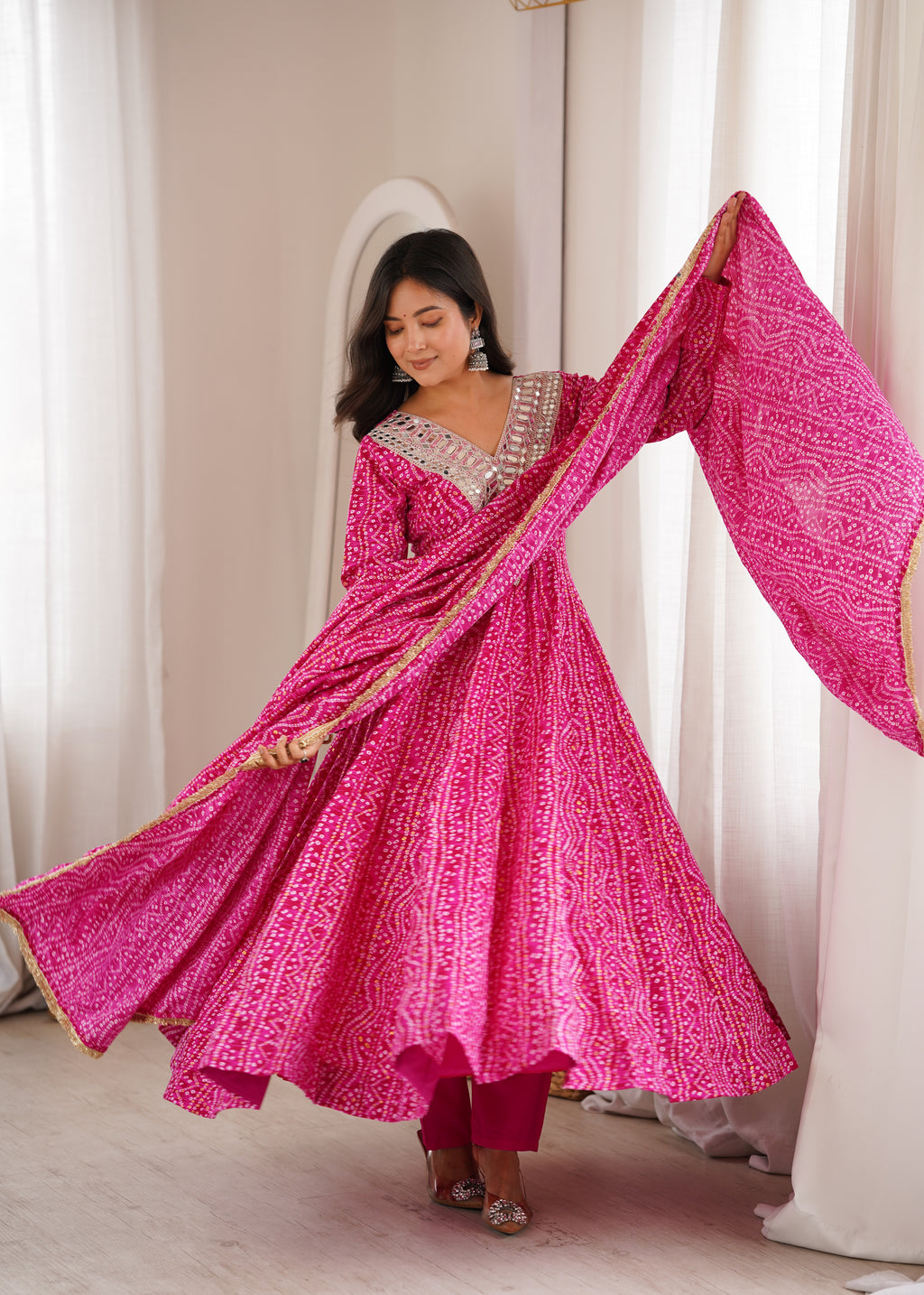 Pink Bandhani Real Mirror Work Suit Set