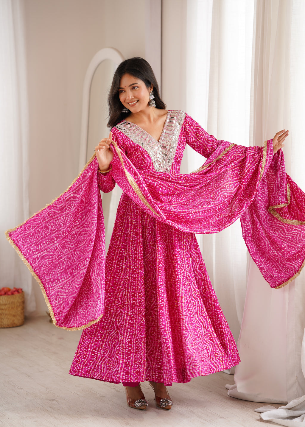 Pink Bandhani Real Mirror Work Suit Set