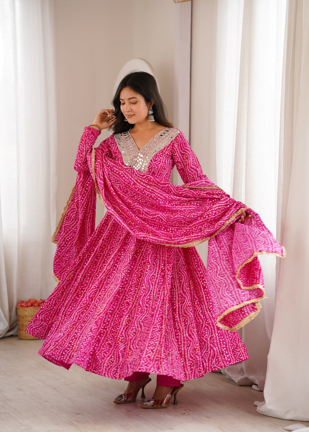 Pink Bandhani Real Mirror Work Suit Set