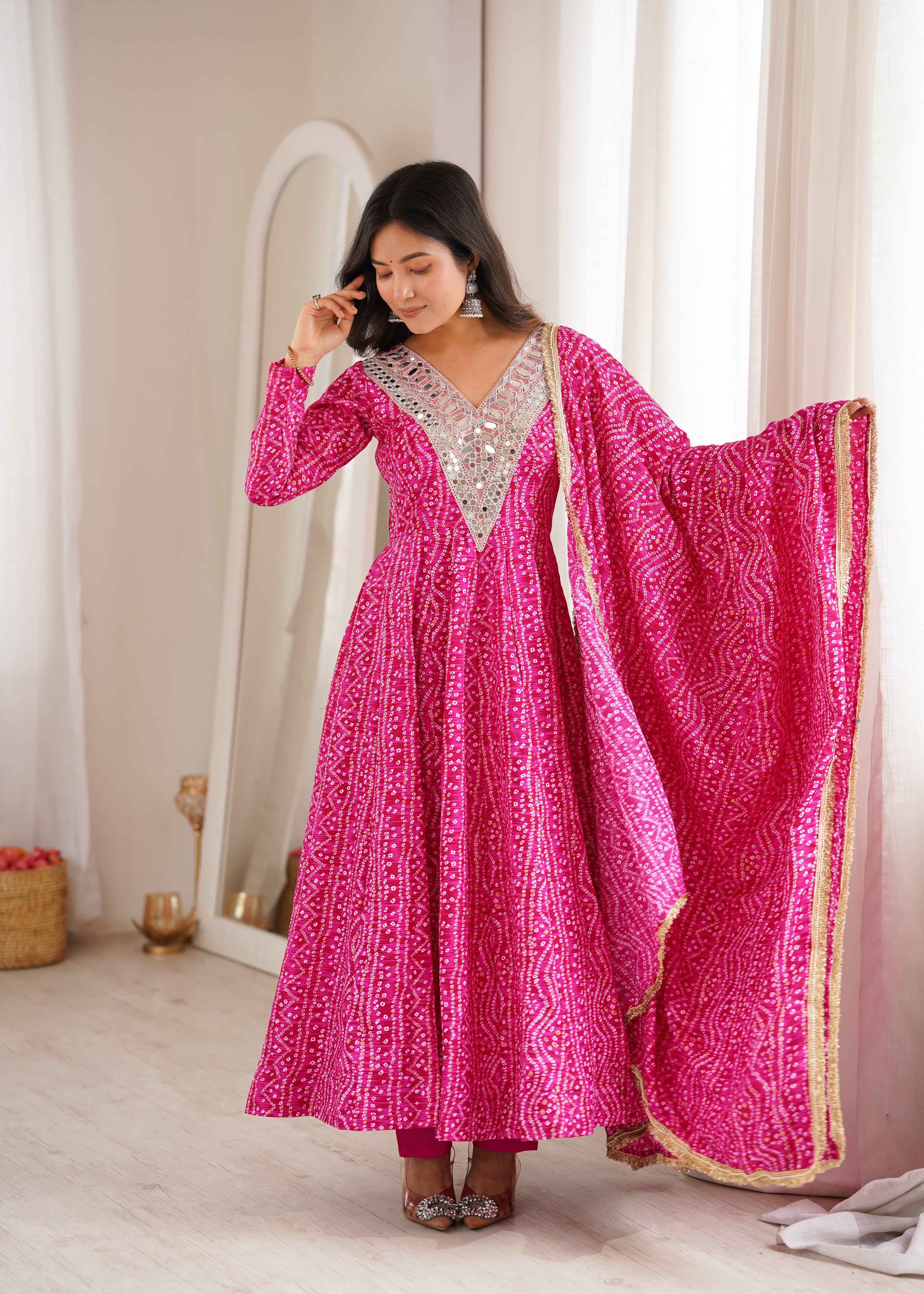 Pink Bandhani Real Mirror Work Suit Set