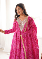 Pink Bandhani Real Mirror Work Suit Set