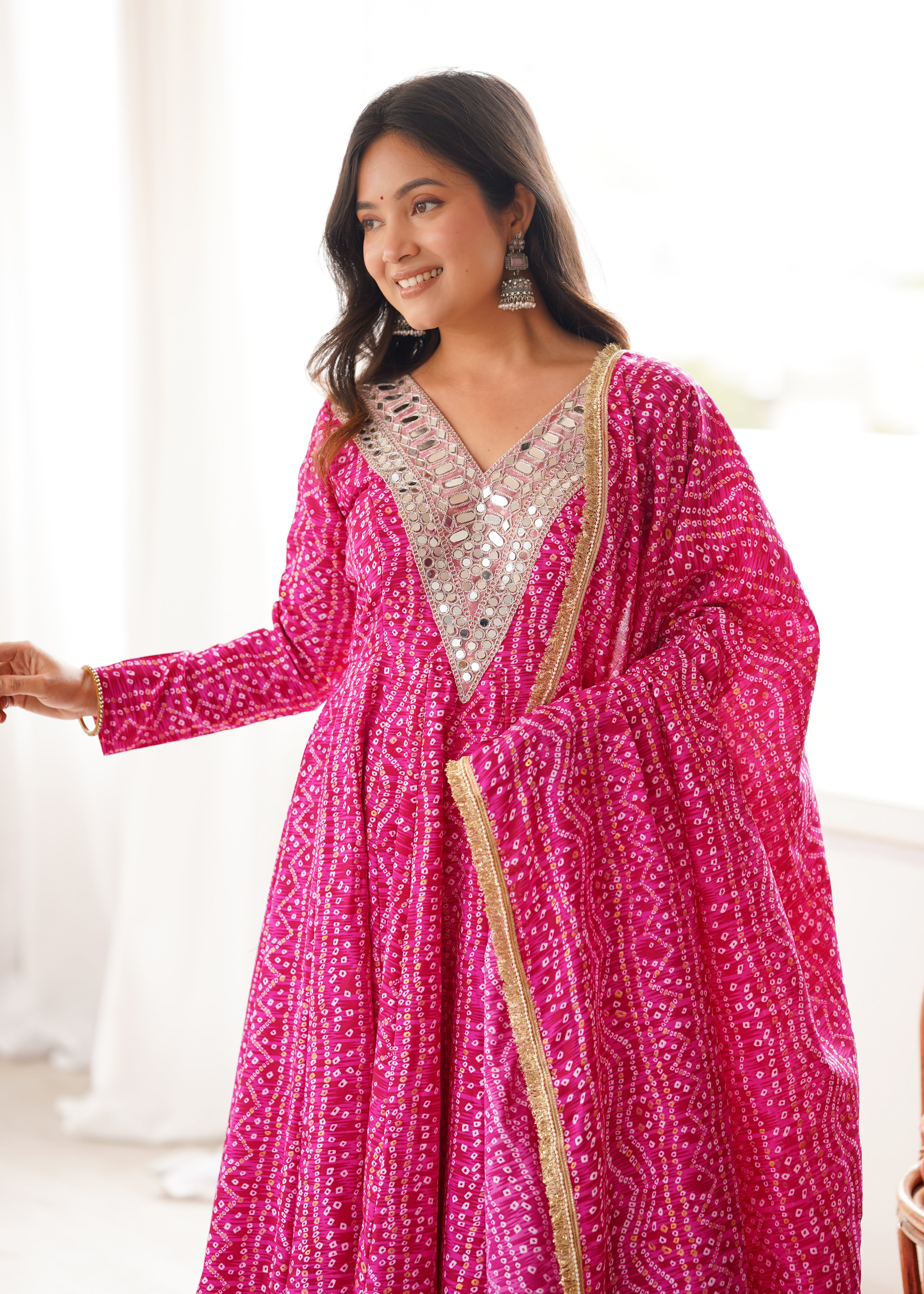 Pink Bandhani Real Mirror Work Suit Set