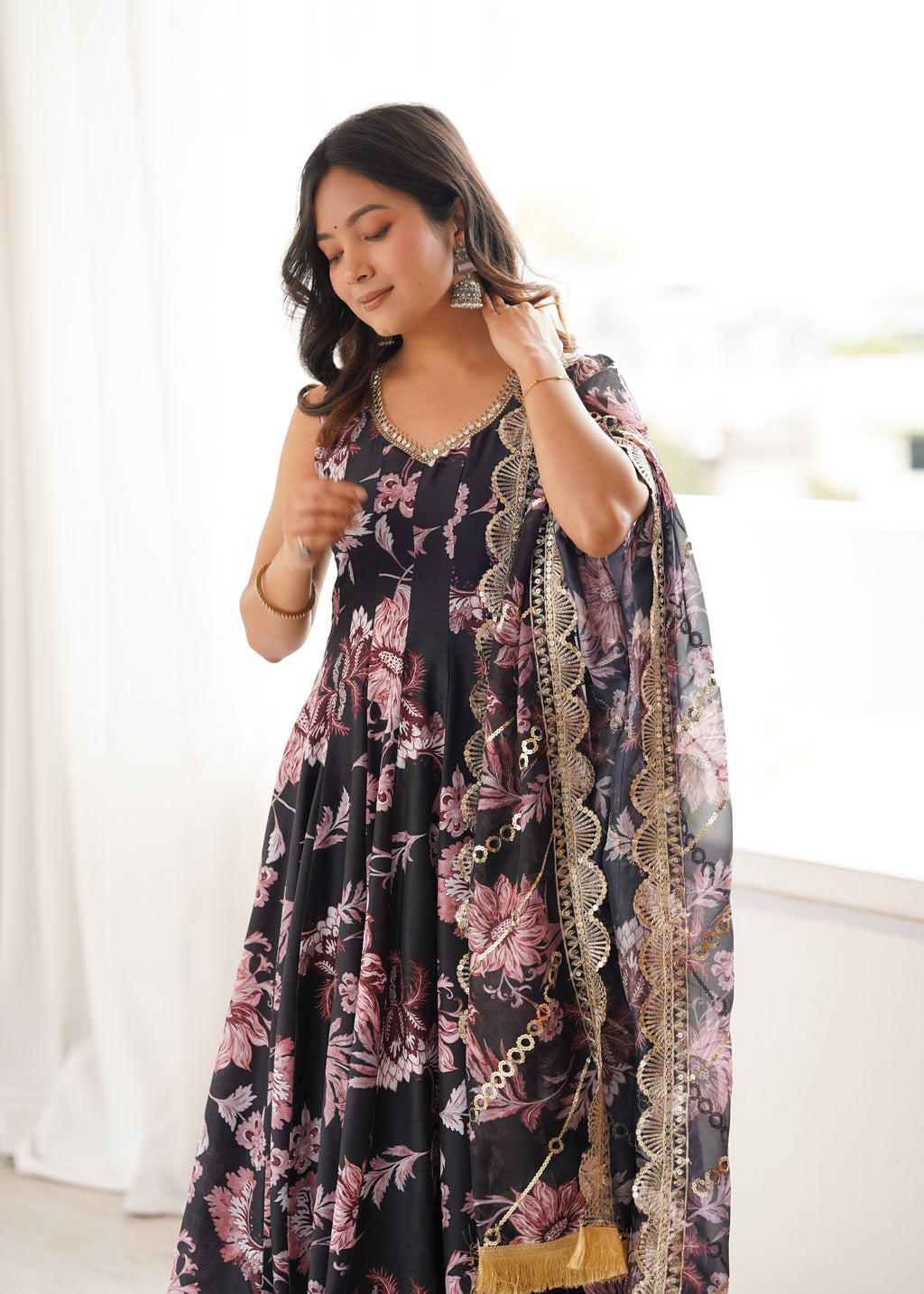Black Organza Floral Embroidery Sequence Work Suit Set