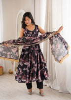 Black Organza Floral Embroidery Sequence Work Suit Set