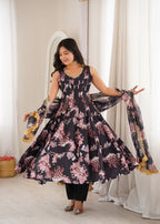 Black Organza Floral Embroidery Sequence Work Suit Set