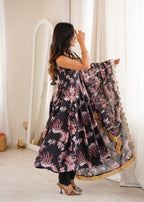 Black Organza Floral Embroidery Sequence Work Suit Set