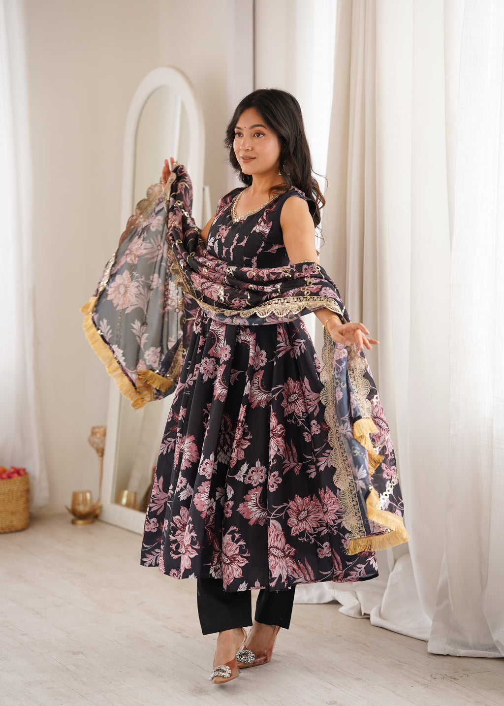 Black Organza Floral Embroidery Sequence Work Suit Set