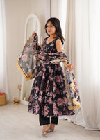 Black Organza Floral Embroidery Sequence Work Suit Set