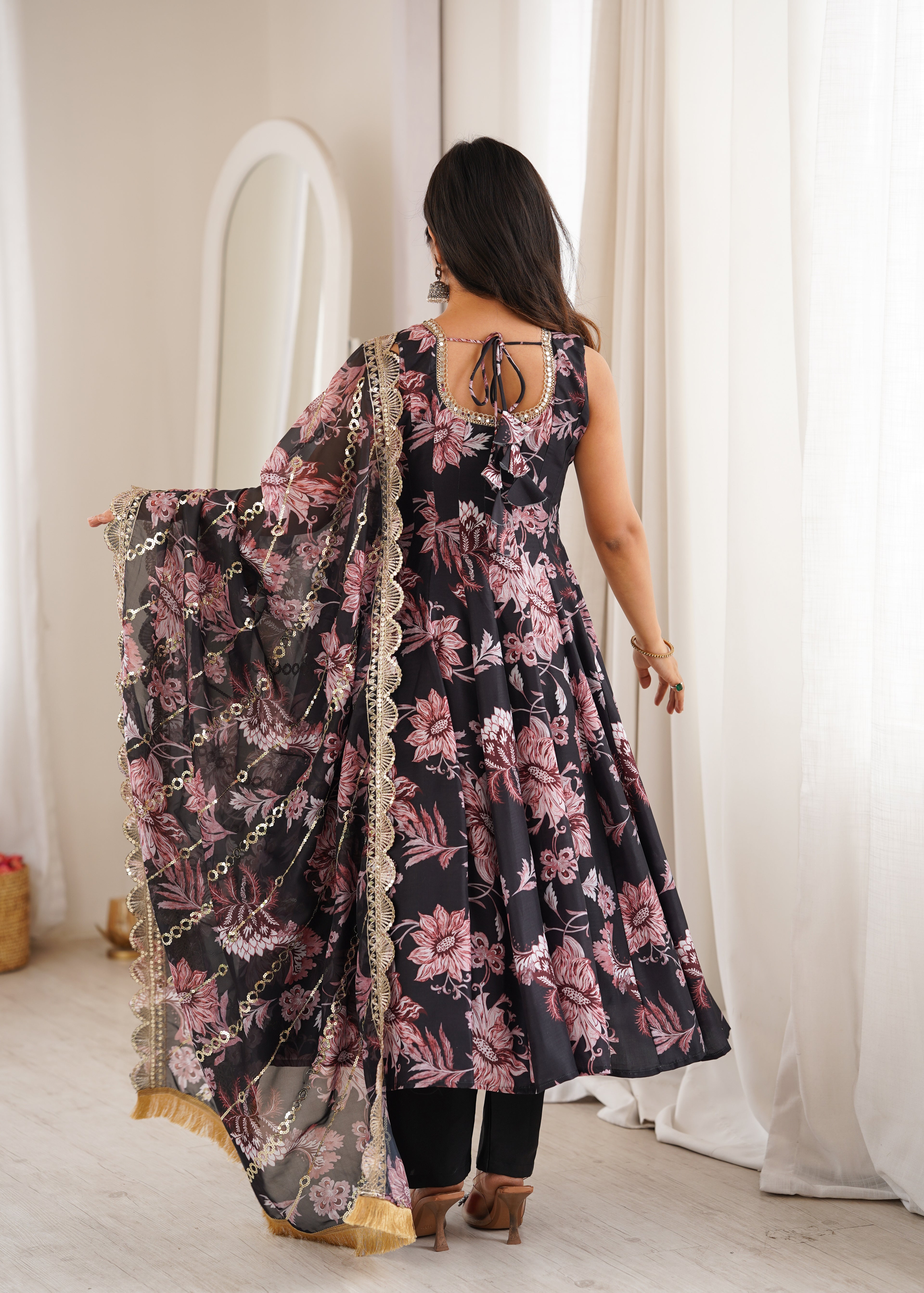 Black Organza Floral Embroidery Sequence Work Suit Set