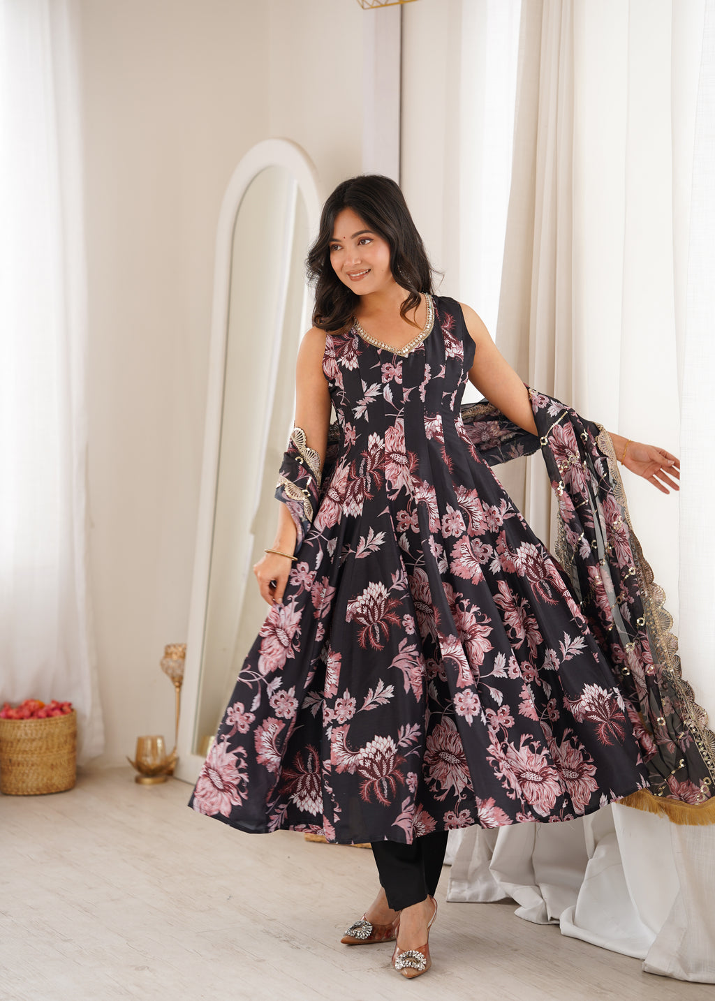 Black Organza Floral Embroidery Sequence Work Suit Set