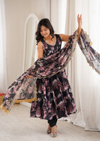 Black Organza Floral Embroidery Sequence Work Suit Set